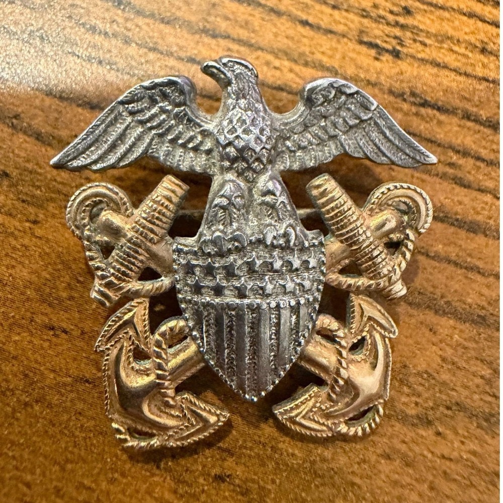 Vintage US Navy OfficerCap Device Pin Sterling Silver 1/10 10K Gold Filled Eagle